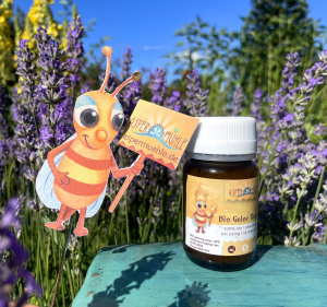 Royal jelly jar in lavender field with bee