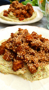 Sweet potato on artichoke and hemp protein hummus