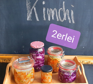 different types of kimchi in a jar