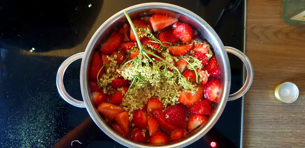 Strawberries and elderflowers in a pot
